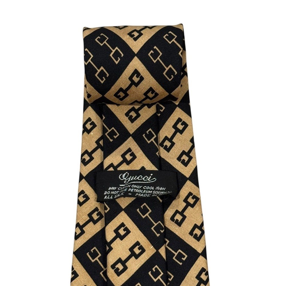 Gucci Men's Vtg Tie GG Monogram Horsebit Logo Black & Tan Silk 4" (W) 57.75" (L)